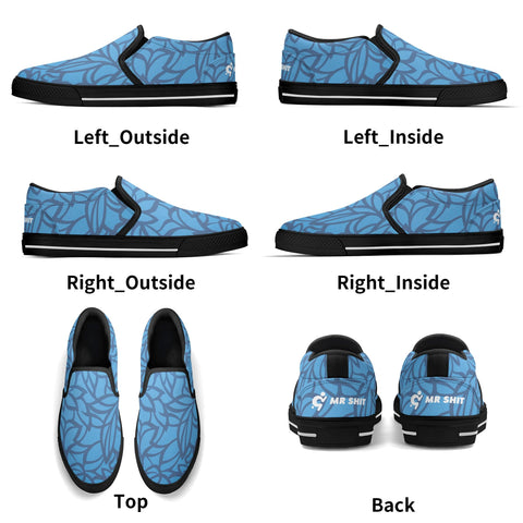 Mens Slip On Shoes - Blue Floral - White Logo - Mr.Shit